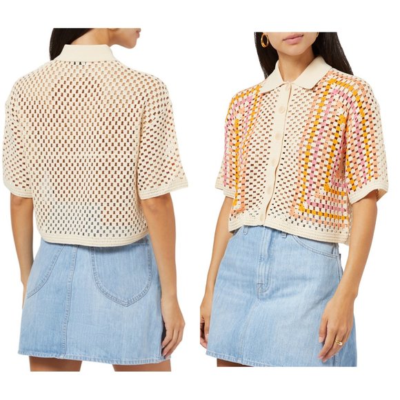 sandro sacramento crochet cardigan knit luke button down collared crop top - Picture 5 of 12